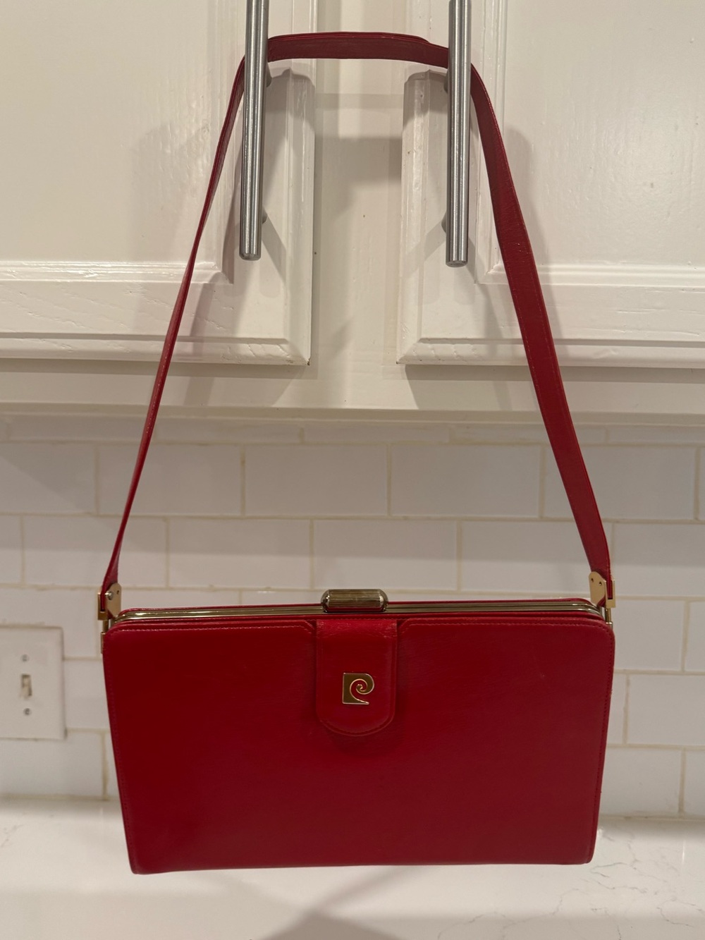 Vintage Pierre Cardin Red Leather Shoulder Clutch with Signature Gold Accent